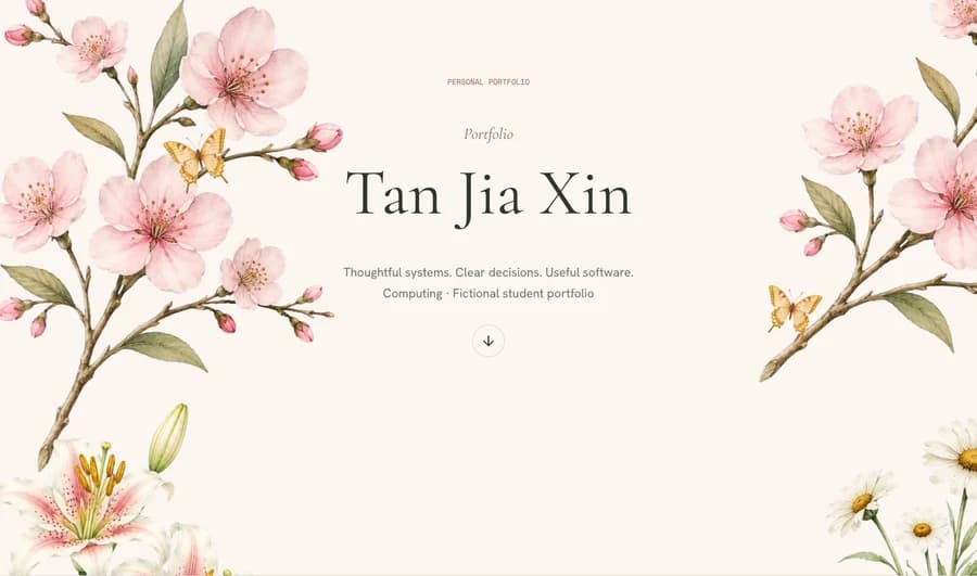 Bloom portfolio theme showing a fictional student's introduction